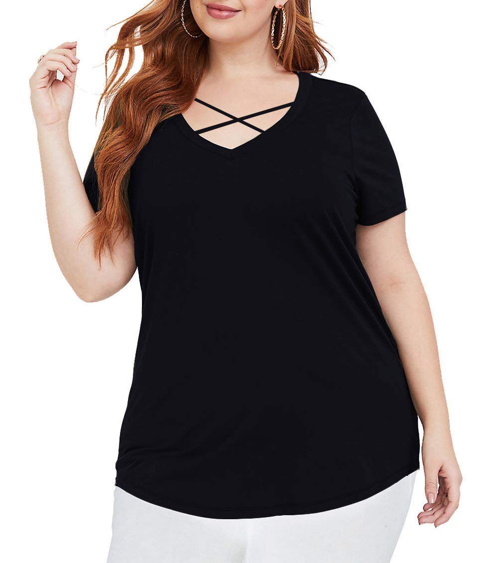Women\'s Sexy Criss Cross V Neck Short Sleeve Fall T Shirts Black