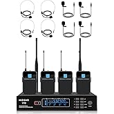 MIZISNR 4 Channel Wireless Lapel Microphone, Set of 4 Headset & Lavalier Mics with 4x50 Adjustable Frequency UHF Metal Receiver, 300ft Range Microphone System for Church, Karaoke, Preaching, Wedding