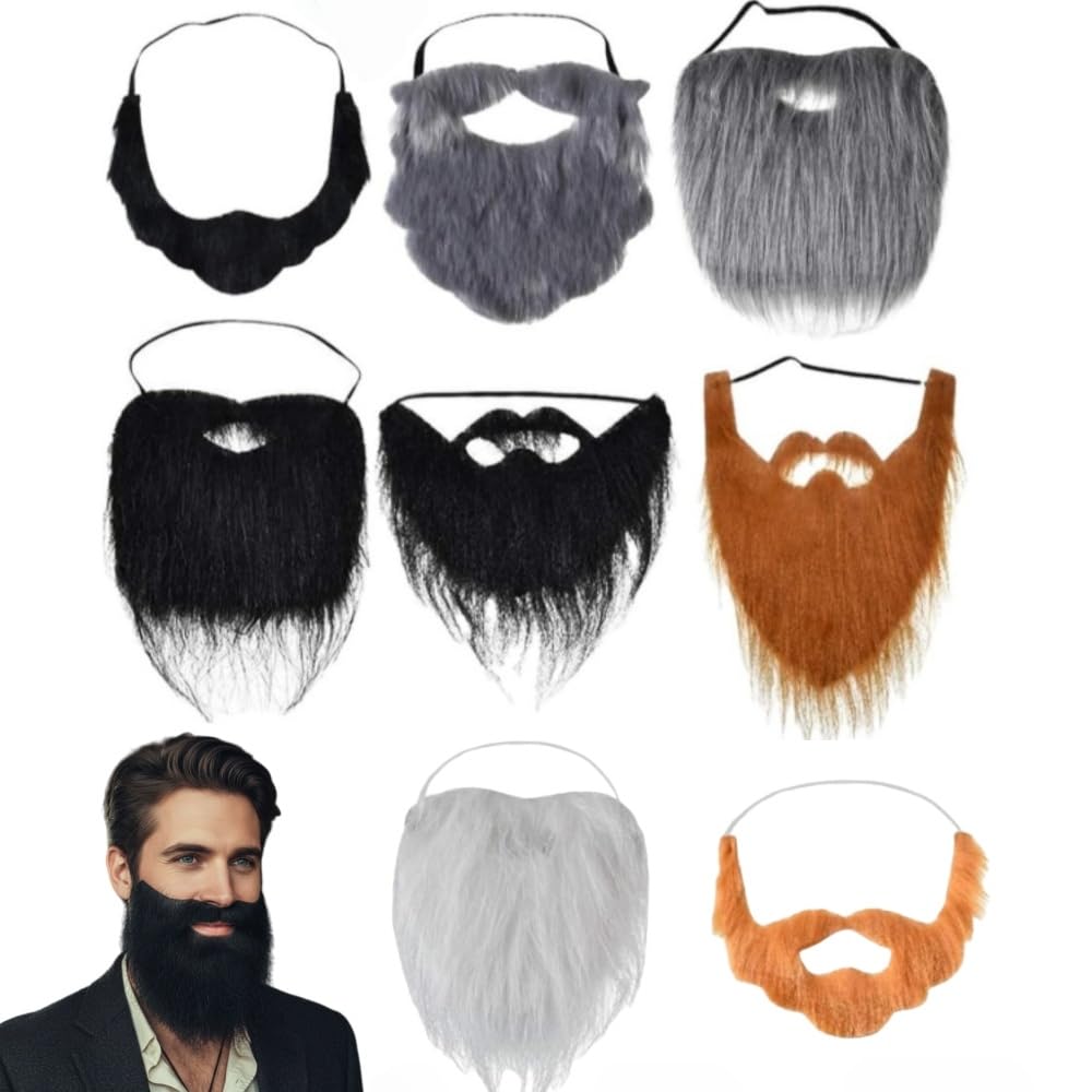 EYWILYWI 8 Pcs Fake Beard & Mustache Set, Funny Facial Hair Costume Accessories, Fake Moustache for Halloween Party Cosplay Supplies. (Multicolor)