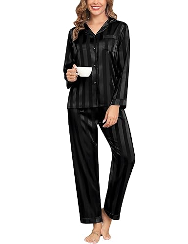 SWOMOG Womens Silk Satin Pajamas Loungewear Two-piece Sleepwear Button-Down  Pj Set Black Wide Stripes Medium in Bahrain Whizz Sets