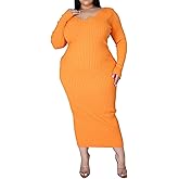 Women's Plus Size Sexy Stretchable Long Sleeve Maxi Sweater Off Shoulder Knit Slim Fit Dress