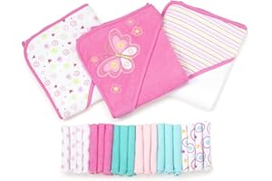 Spasilk Bath Hooded Towels & Washcloths Set for Babies, 23-Piece Gift Set, Pink Butterfly, (Gift GBA23 07)