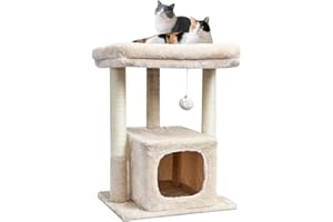SYANDLVY 27" Cat Tree for Indoor Cats, Activity Tower with Scratching Posts, Modern Kitten Condo with Plush Perch & Hanging Ball for Play, Beige