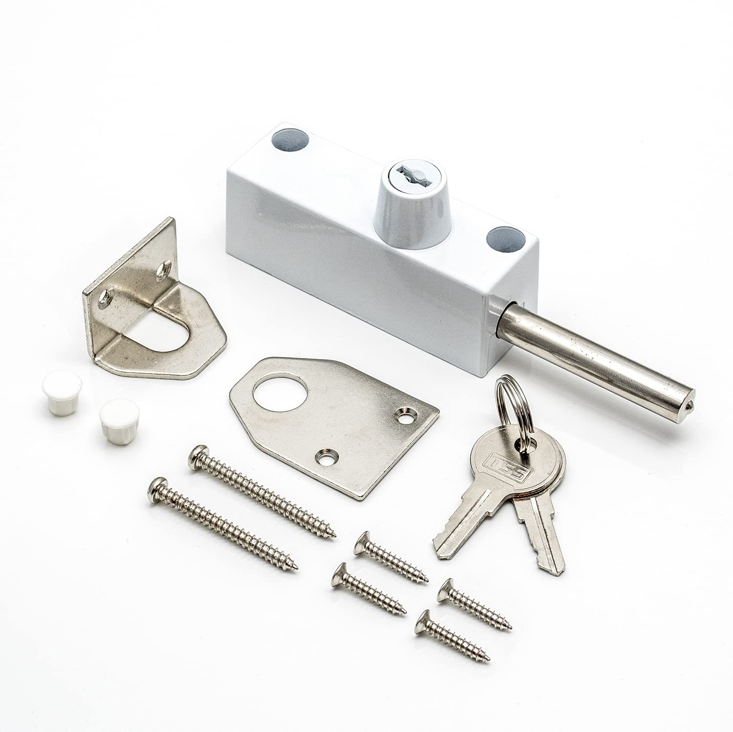 White Multi-Purpose Door Bolt with 2 Keys. Security Bolts for Various Door Types. Supplied with Fixtures and Fittings. Universal Door Lock for Internal and External Use