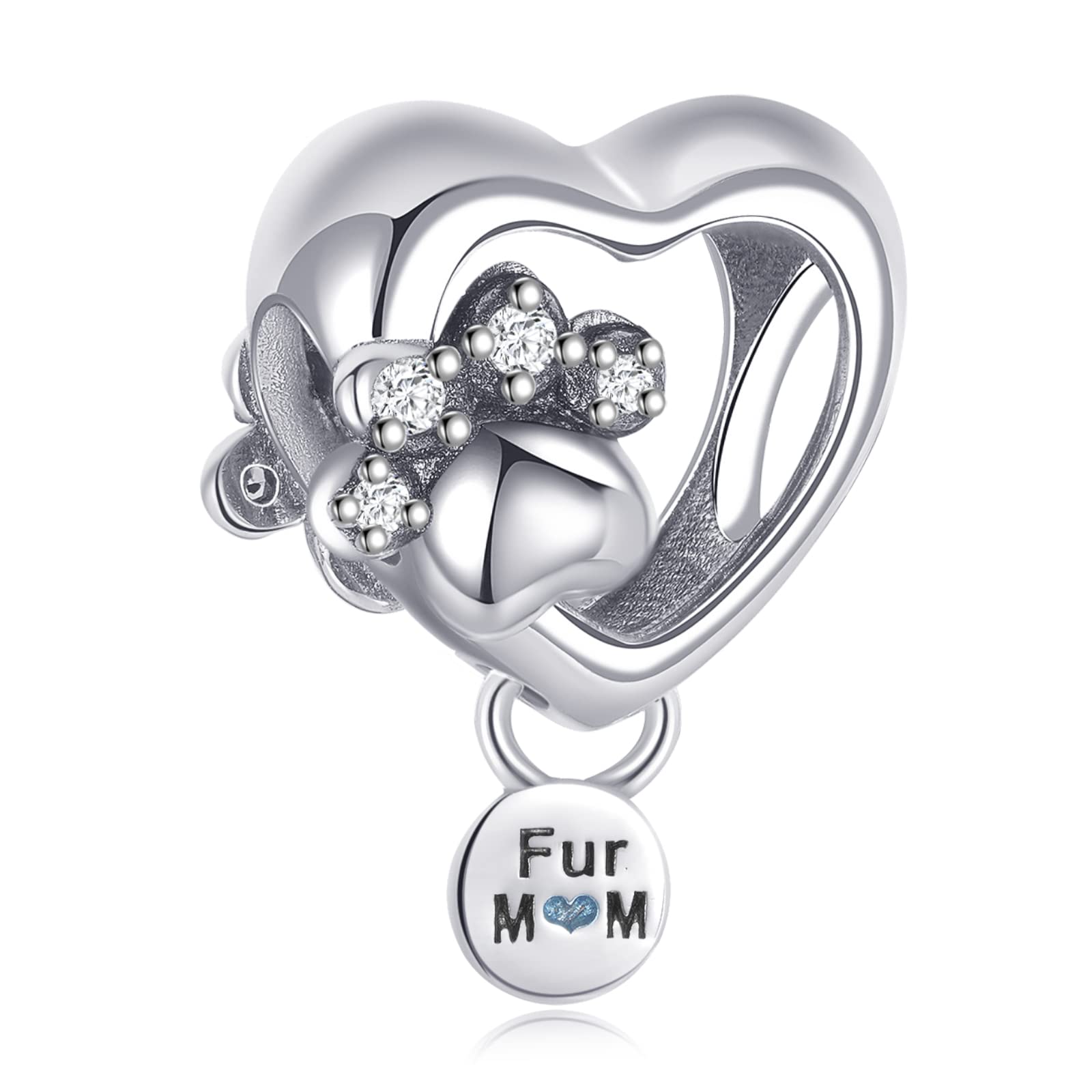 Annmors Sparkling Paw Print & Heart Charms in 925 Sterling Silver with Cubic Zirconia for Bracelets Fur Mom
