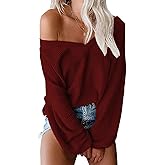 Tobrief Women's V Neck Long Sleeve Waffle Knit Tops Off Shoulder Oversized Pullover Sweater