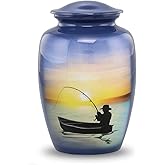 Fishing Urn - Full Size Gone Fishing Cremation Urn - Adult Urns for Men and Women – Fisherman Funeral and Memorial Urns for Human Ashes Upto 210 Lbs with Velvet Bag (Large)