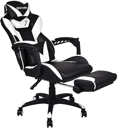 Amazon Elecwish ゲーミングチェア 白 リクライニングチェア オットマン付き ホワイト パソコンチェア デスクチェア オフィスチェア ヘッドレスト 高さ調整 多機能 Puレザー 文房具 オフィス用品 文房具 オフィス用品