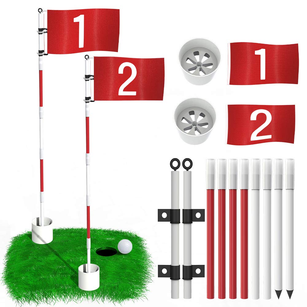 THIODOON 2 Pack Golf Flag Golf Holes and Flags for Garden Indoor Yard Putting Green Golf Hole Cup and Flag for Putting Practice Upgrade Anti-Rust Glass Fiber 5-Section Design with Connectors