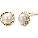 Aleasha Big Pearl Earrings for Women Faux White Pearl Silver925 Stud Earrings Classic Gold Earring Jewelry