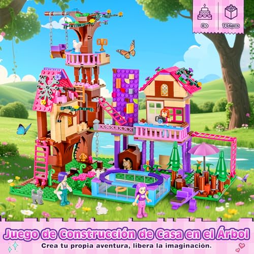 Charmofun Tree House Building Set, Tree House Building Set with 3 Characters and 4 Animals, Friends Friendship Tree House for Kids Ages 8 Years Old (Pink)