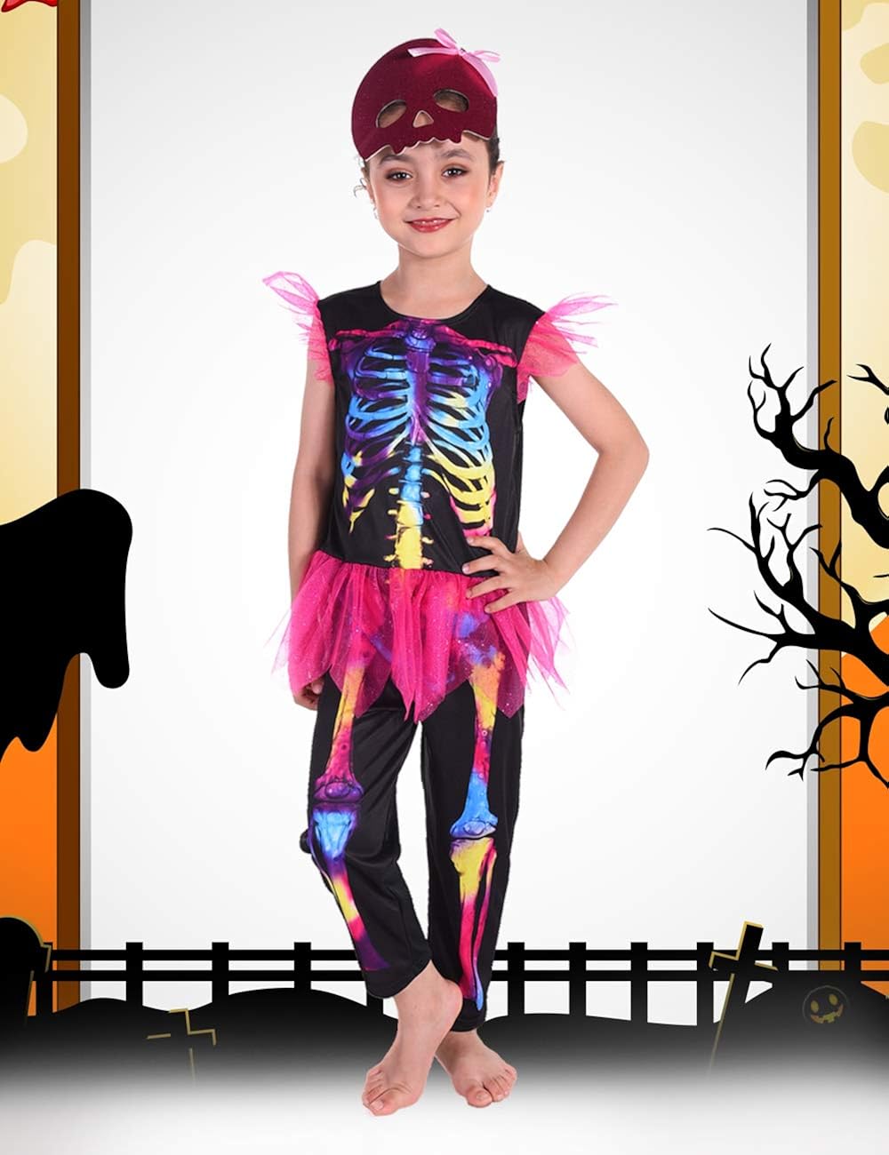 Familus Girls Skeleton Costume with Pink Tutu for Halloween 3T8T
