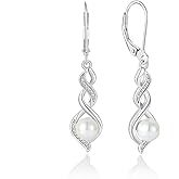 Pearl Earrings for Women 925 Sterling Silver Infinity Dangle Drop Leverback Earrings Single Pearl Jewelry Anniversary Mother's Day Birthday Christmas Presents for Her