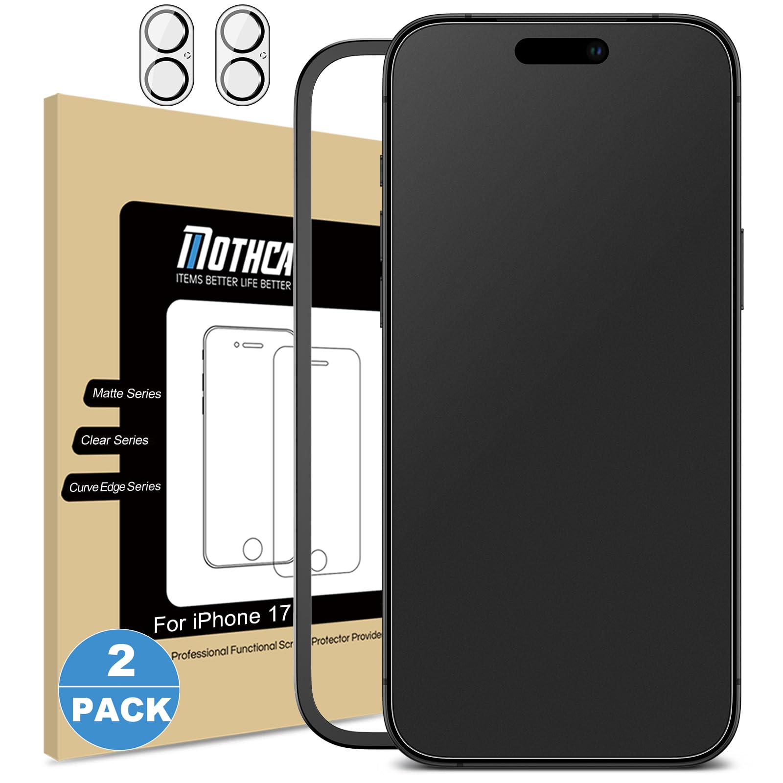 Photo 1 of Mothca 2 Pack Matte Glass Screen Protector for iPhone 17 [6.3 inch] + 2 Pack Camera Lens Protector, Anti-Glare & Anti-Fingerprint Case Friendly Tempered Glass, Bubble Free, Smooth as Silk