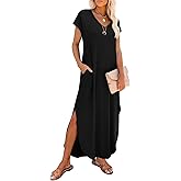 RUMIA Summer Casual Maxi Dresses for Women- Women's V Neck Cap Sleeve Long Sundress with Pockets Beach Vacation