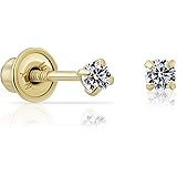 14k Yellow Gold Simulated Birthstone Stud Earrings For Girls - 4mm Round, Screw Back Safety Lock, Gift Box Included