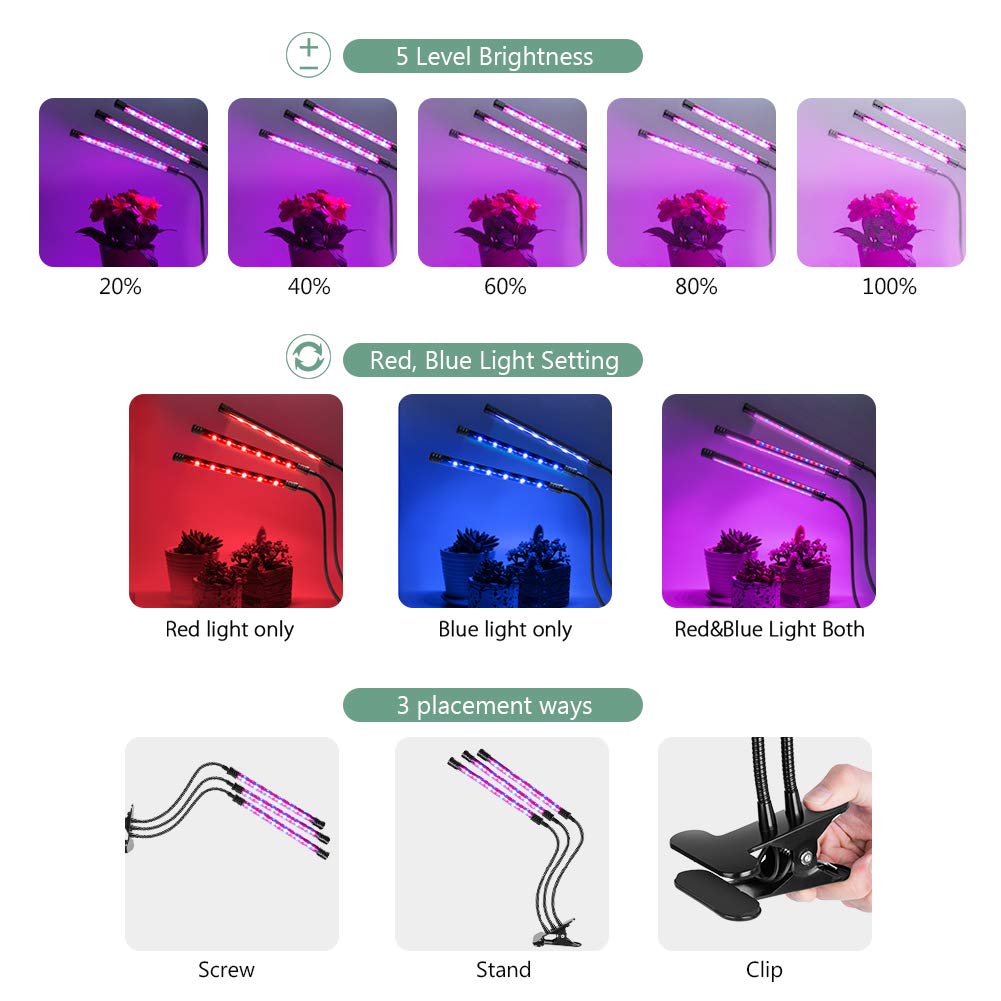 Plant Grow Light for Indoor Plants, Auto ON/Off Every Day, 27W 54 LED 5 Dimmable Levels Grow Lamp with Red, Blue Spectrum, 4/8/12H Memory Timing for Hydroponics Greenhouse (27W Triple Heads)