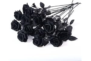 Laelfe 12 PCS Artificial Flowers Black Roses, Fake Silk Flower Long Stem Artificial Rose for Home Wedding Party Decorations(Black Halloween)