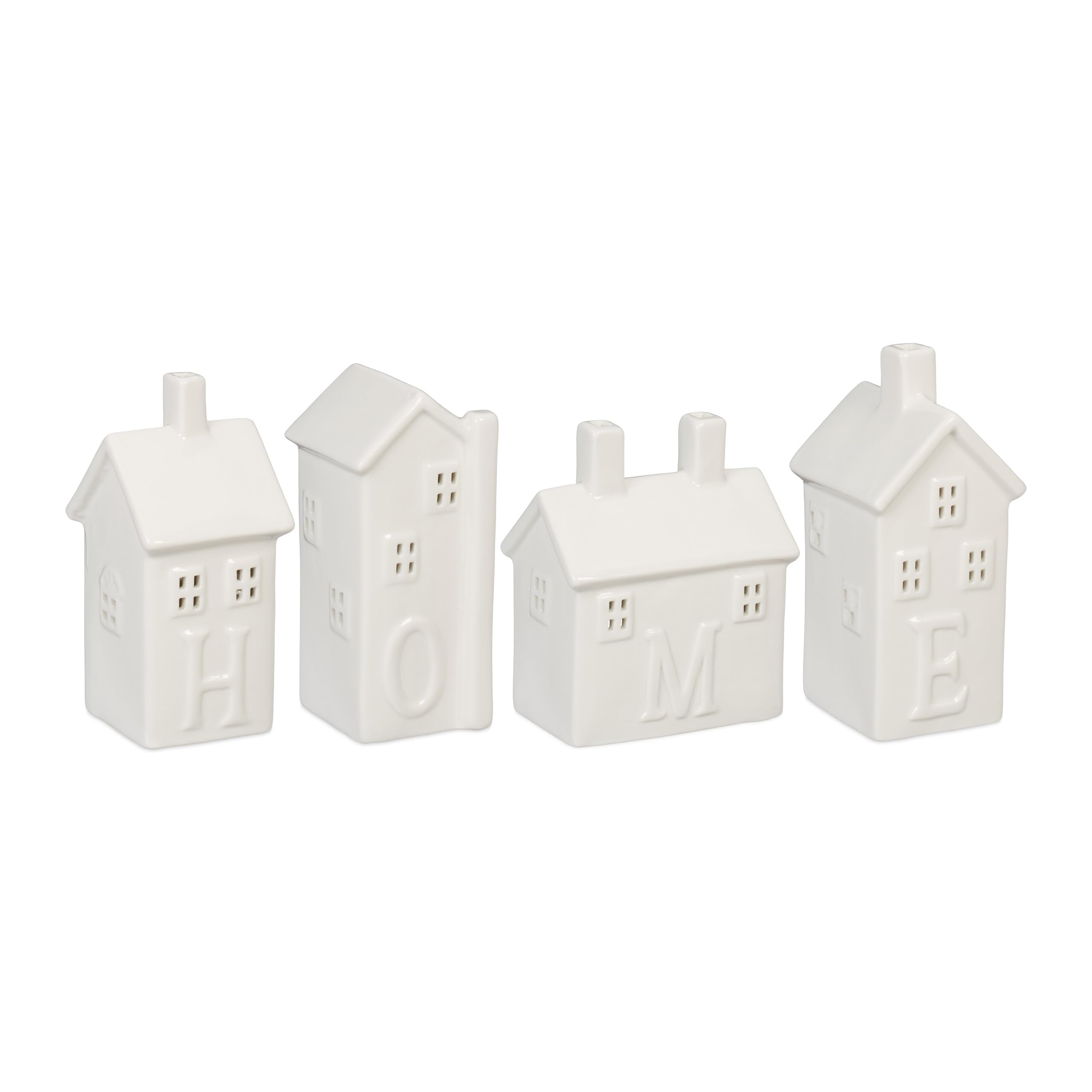 Relaxdays Set of 4 Tealight Cover in Shape of House, Ceramic Figurines for 1 Candle each, Cute Table Decoration, White