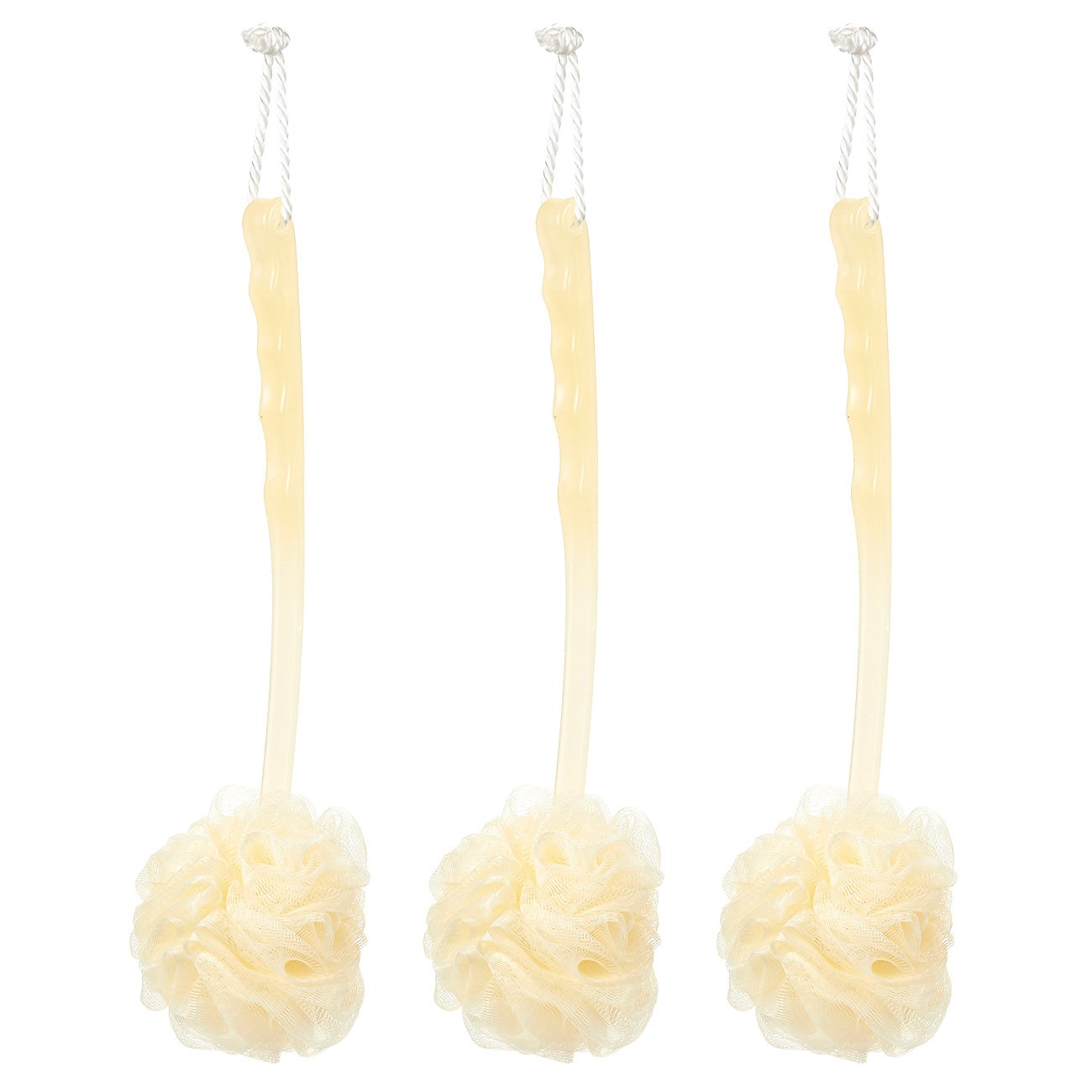 Body Back Scrubber Bath Sponges - 3-Pack Exfoliating Mesh Pouf Shower Brushes with Long Handles, Peach, 15.2 x 4.5 x 4 Inches