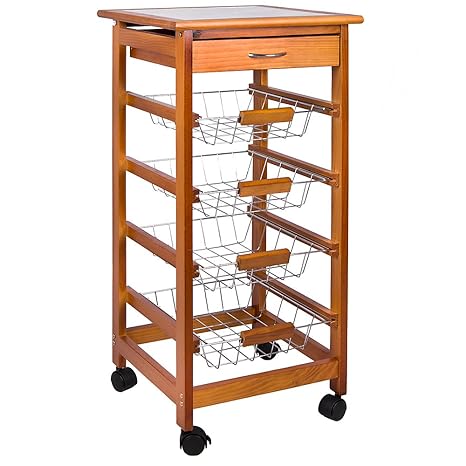 Chef Vida 4 Tier Kitchen Trolley Cart Storage Baskets Drawer Pine