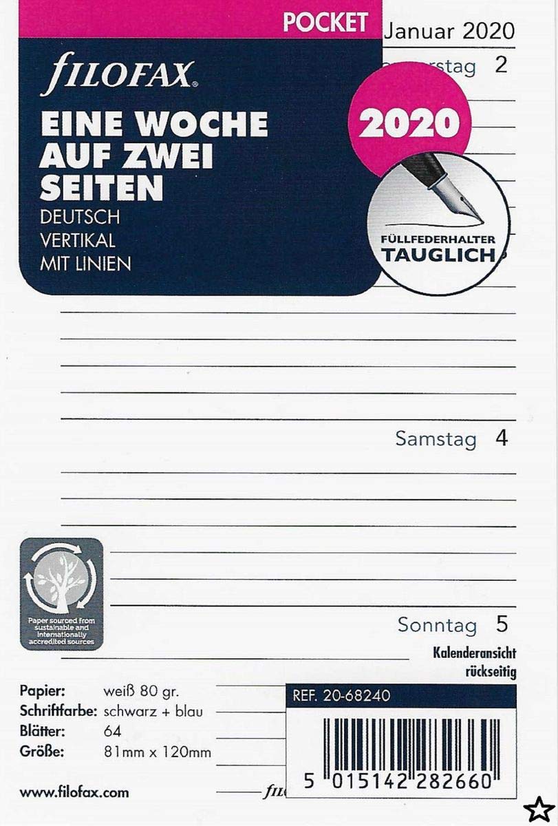 Filofax Pocket Calendar Insert 1 Week on 2 Pages Vertical (German) 2020