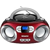 MEGATEK Portable CD Player Boombox with FM Radio, Bluetooth, USB Port, AUX Input, and Headphone Jack – CD-R/CD-RW/MP3-CD Compatible, Clear Stereo Sound, Backlit LCD Display – Cherry Red