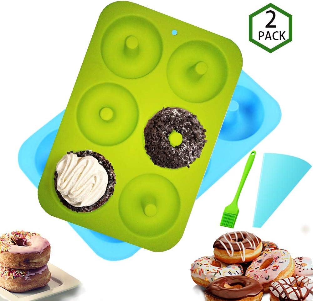 TOUGS 2-Pack Silicone Donut Baking Pan, Non-Stick Donut Mold, Dishwasher, Bake 6 Full Size Perfect Shaped Doughnuts, DIY Gift for Your Family (Blue&Green)