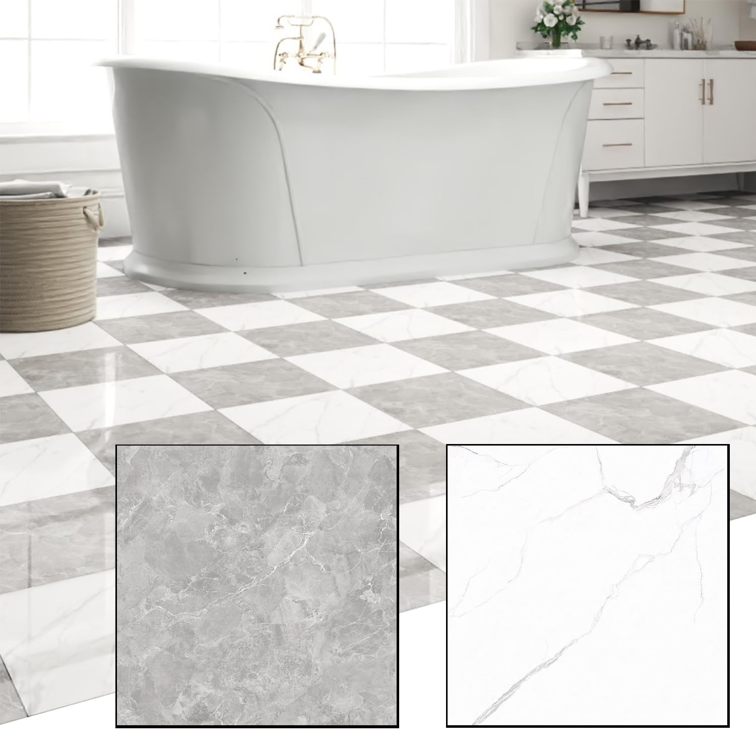 Photo 1 of ZRJT 30-Pack 30 Sq.Ft Peel and Stick Floor Tiles Vinyl Polish Pattern Flooring, 12” x 12” Self Adhesive Vinyl Flooring DIY for Kitchen, Bathroom, Laundry, Polish Light Grey&White Marble