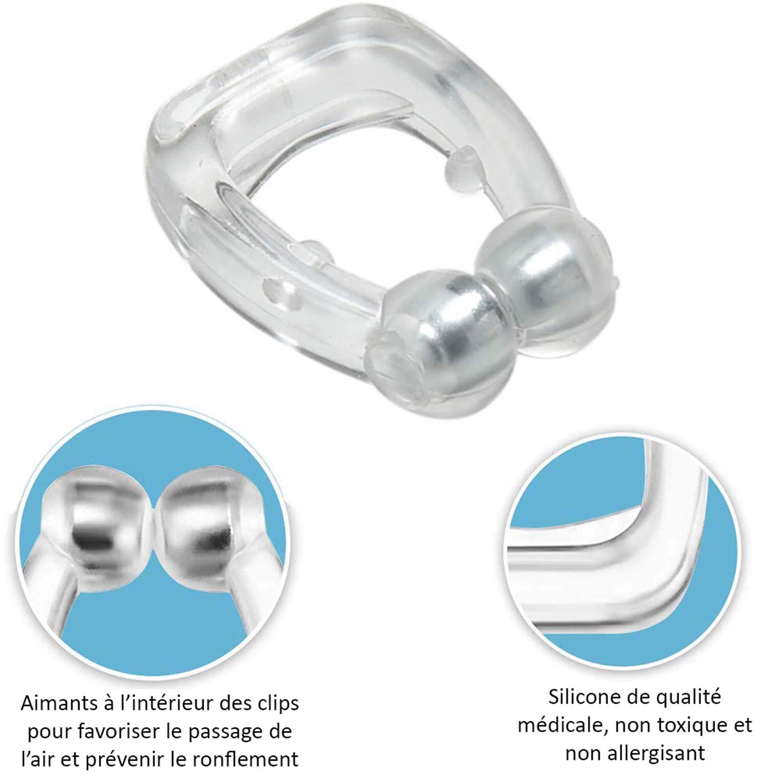 Dispositif Anti-Ronflement, Clip Anti Ronflement Magnetique Premium Pour Lutter Contre Ronflement, Apnée du Sommeil en Silicone Medical, Lot de 2
