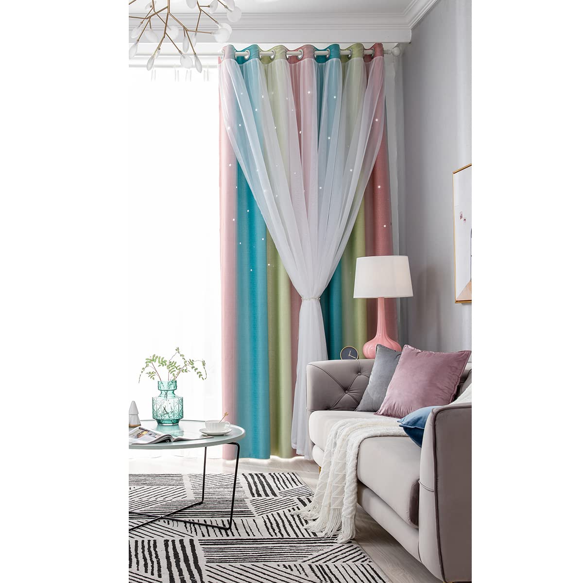 ele ELEOPTION Stars Blackout Curtains, Cut Out Stars Drapery with Eyelet, for Kids Girls Bedroom Living Room Colorful Double Layer Star Window Curtains, 1 Panel, Pink, 53" W x 84" L (134x210cm)