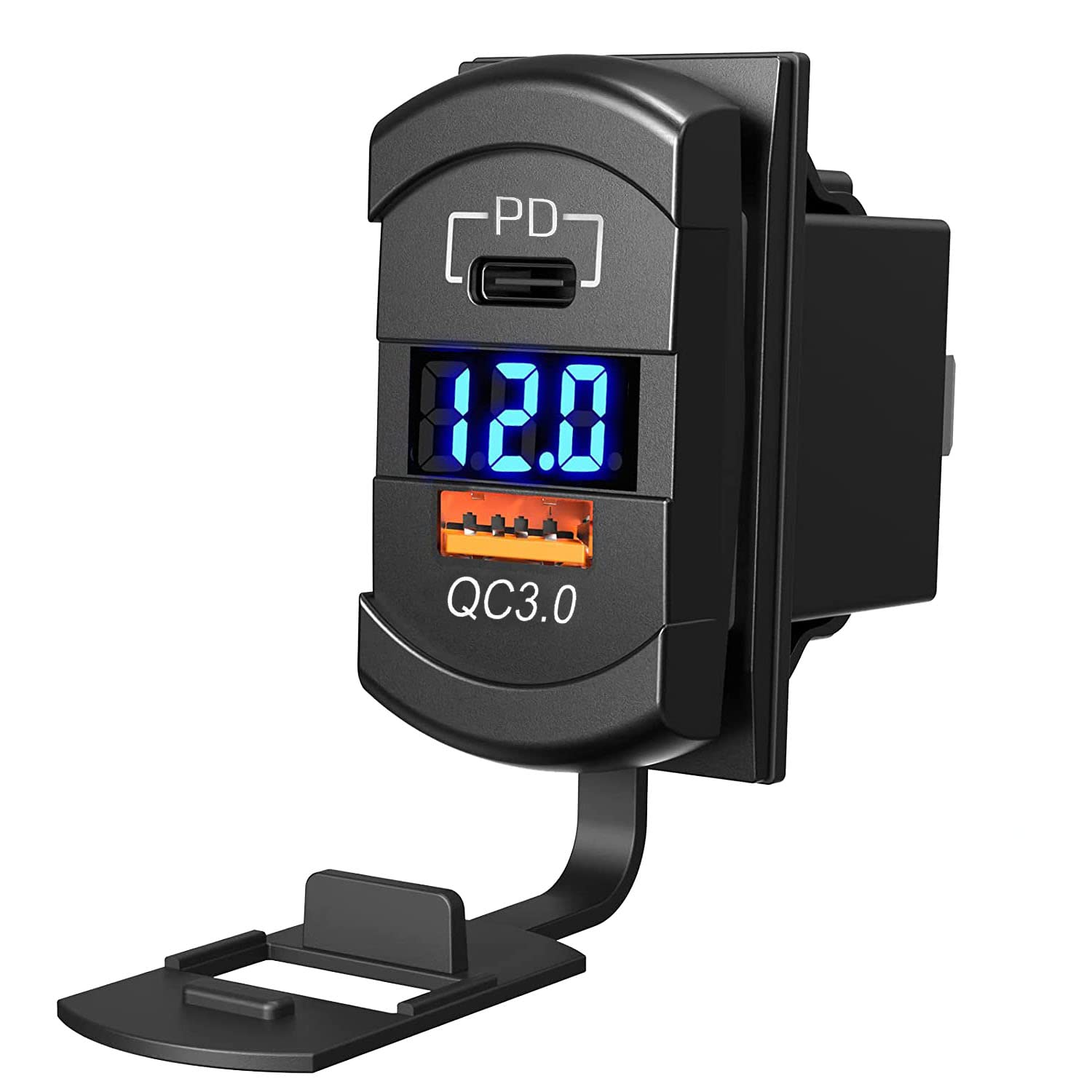 USB Car Socket Quick Charge Charger QC3.0+ PD + Voltmeter for 12V/24V Vehicles Car Boat Motorcycle SUV Bus Truck Caravan Marine (Blue)