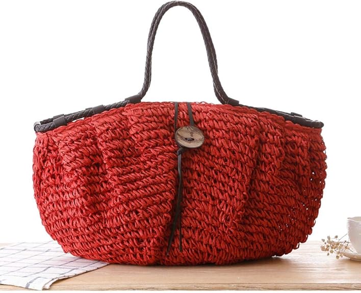 Woven Bag, Beach Bag Coconut Buckle Straw Bag Large Capacity Woven Bag