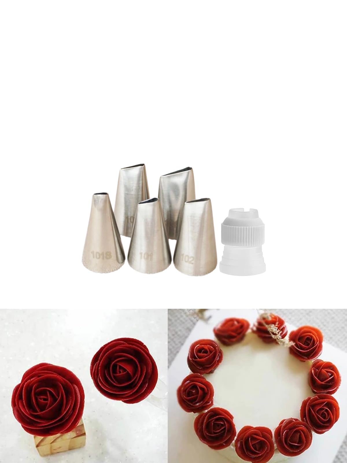 101s,101,102,103,104 Piping Nozzles Set with Coupler,Rose Petal Flower Icing Piping Tip for Small Roses,Petals,Ruffles,Bows,Pansies& Standard Coupler for Switching