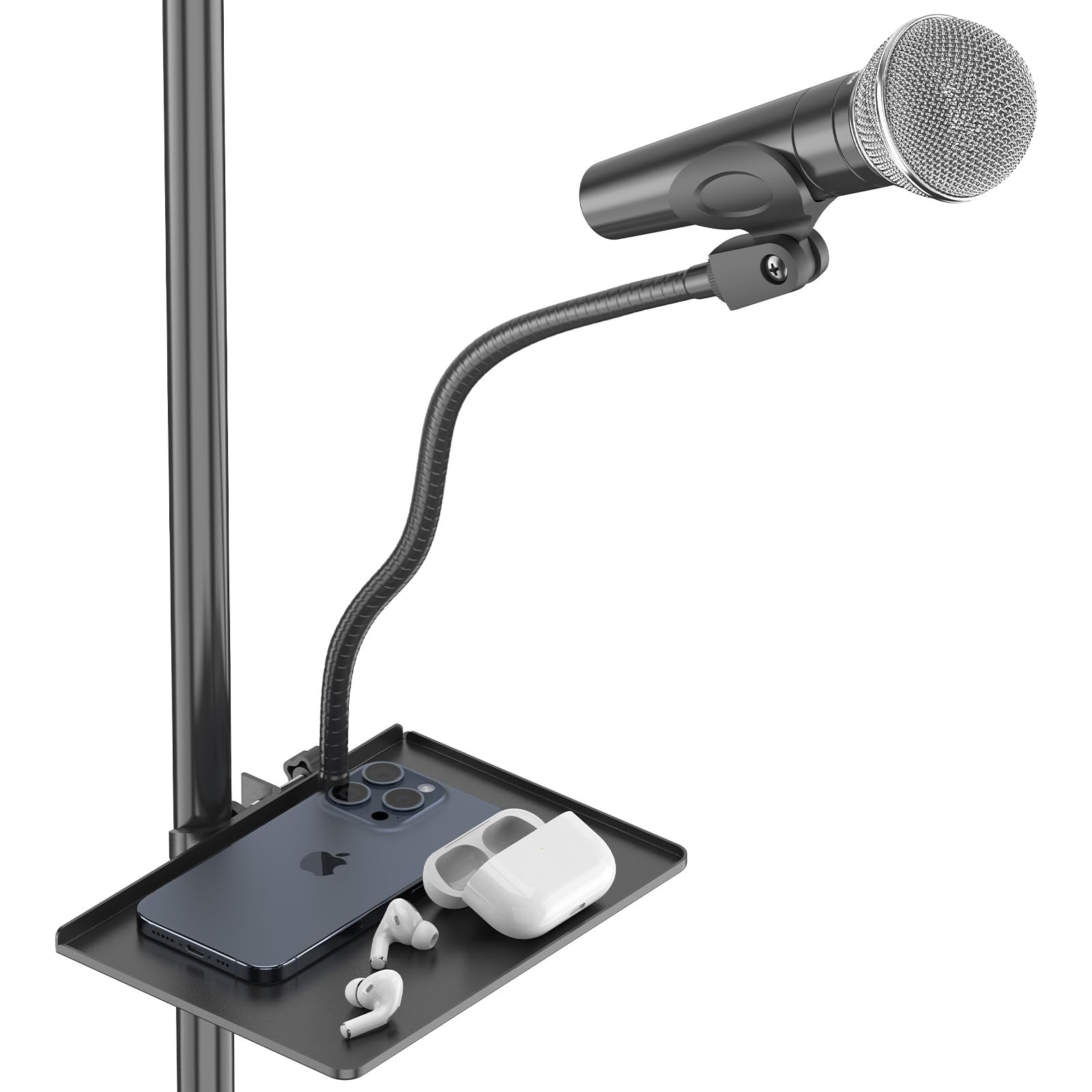 Microphone Stand Tray with Gooseneck Microphone Holder, Clip on Tray for Mic Stands or Music Stands with a Diameter of 5-28 mm, Holds Bluetooth Headset, Phones, Sound Cards, Maximum load capacity 3kg