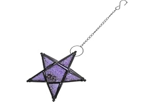 HAKIDZEL Hanging Five-Pointed Star Glass and Iron Candle Holder, Purple Embossed Glass Tealight Lantern,