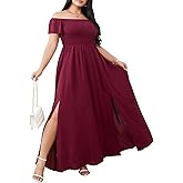 RWJ Womens Plus Size Wedding Guest Dress Summer Off Shoulder Short Sleeve Party Cocktail A-Line Split Long Maxi Dresses