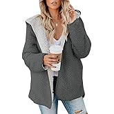 ReachMe Womens Sherpa Jacket Oversized Fleece Jacket Teddy Coats with Pockets Open Front Hooded Fuzzy Cardigan