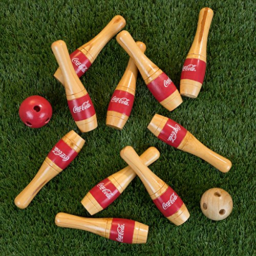 Officially Licensed Coca Cola Logo Wooden Lawn Bowling Set with Ten 8 Inch Pins and 2 Balls - Includes Bonus Carrying Bag!