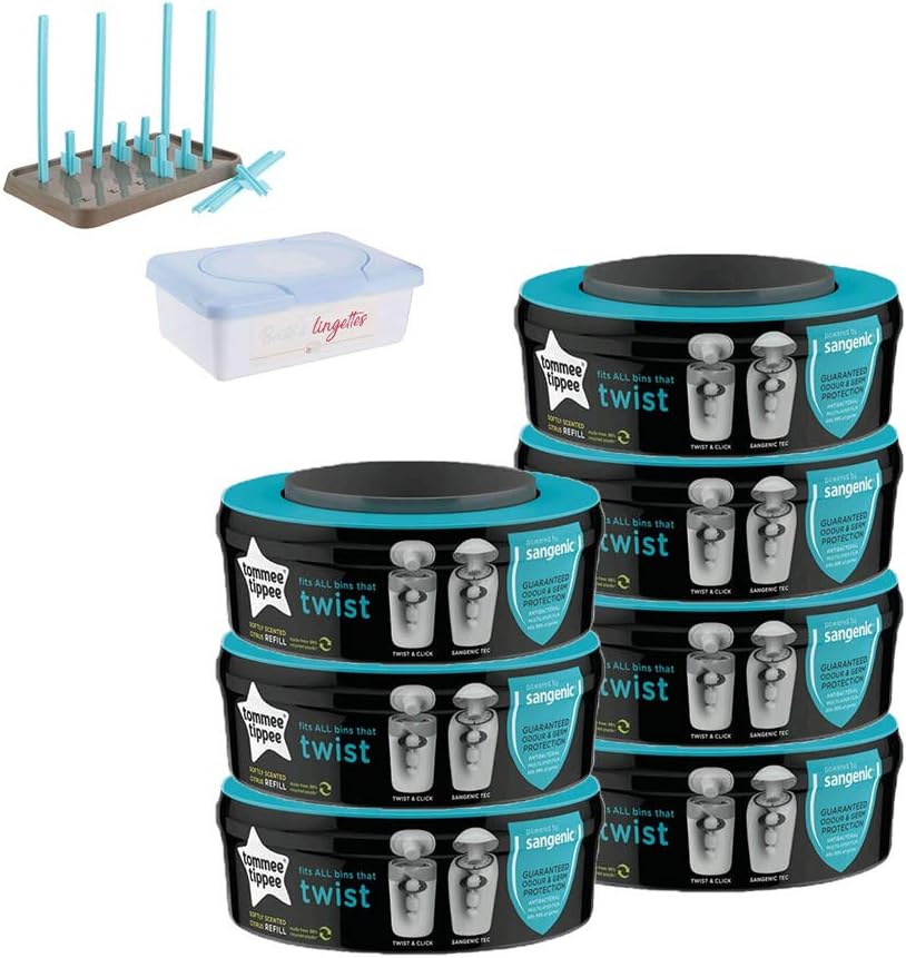 Sangenic Compatible Cassette 7 pack + Drying Rack + Wipes Dispenser BLUE
