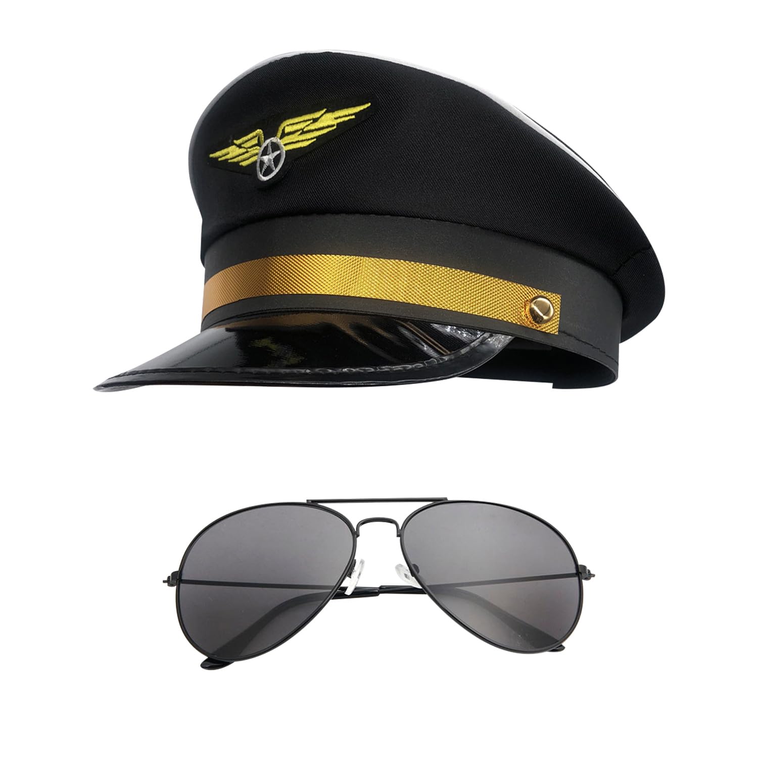 BORFUE 2Pcs Halloween Pilot Costume Set Adjustable Captain Hat Sunglasses Costume Accessories for Adults Teenager Cosplay Dress up Party