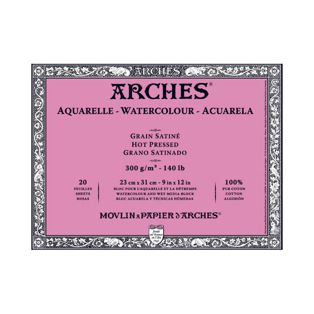 Arches Winsor Newton Watercolor Hot Pressed Paper Block, 20 Sheets 9-inch x 12-inch — image 1