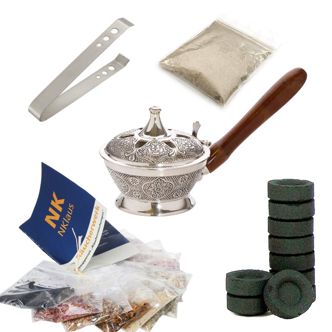 NKlaus silver incense pan set 14tlg. with incense assortment incense charcoal 40620