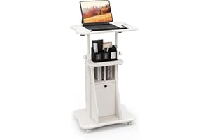 Giantex Mobile Podium Stand, Sit-to-Stand Laptop Cart with Tilting Tabletop & Storage Cabinet, Lockable Casters, Height-Adjus