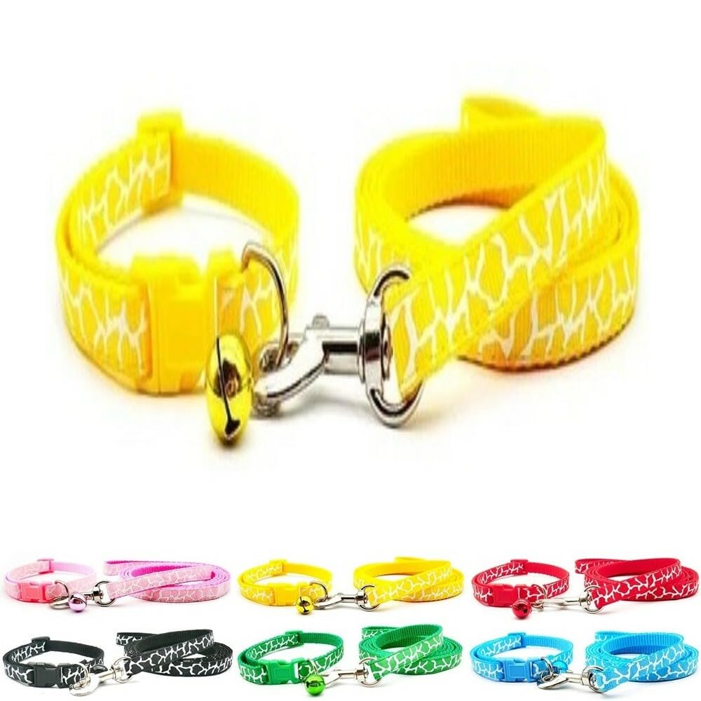 Small Dog Puppy Pet Collar and Lead Set Zebra Giraffe Animal Print Design Nylon Adjustable Size 19-32cm Collar with Bell and 120cm Leash Yellow