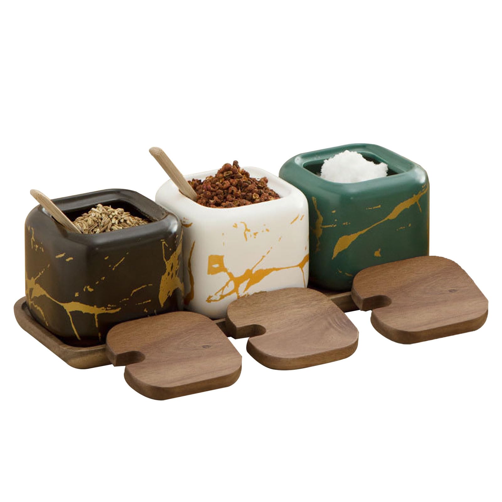 Yallmie 3Pcs Spice Jars with Lids and Spoons, Seasoning Container Ceramic Seasoning Jars Set, Condiment Container Set 400Ml Condiment Pots Ceramic, Salt Container for Condiment, Salt, Sugar, Herb