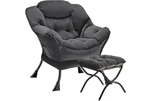 Congermom Lazy Chair with Folding Ottoman Modern Large Accent Chair,Contemporary Lounge Leisure Sofa Chair with Armrests Upholstered Sofa Armchair Reading Chair for Bedroom,Dorm & Office (Dark Grey-f)