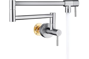 Fransiton Brushed Nickel Pot Filler, Pot Filler Faucet Wall Mount, Brass Folding Stretchable with Double Joint Swing Arm Single Hole Two Handles Kitchen Restaurant