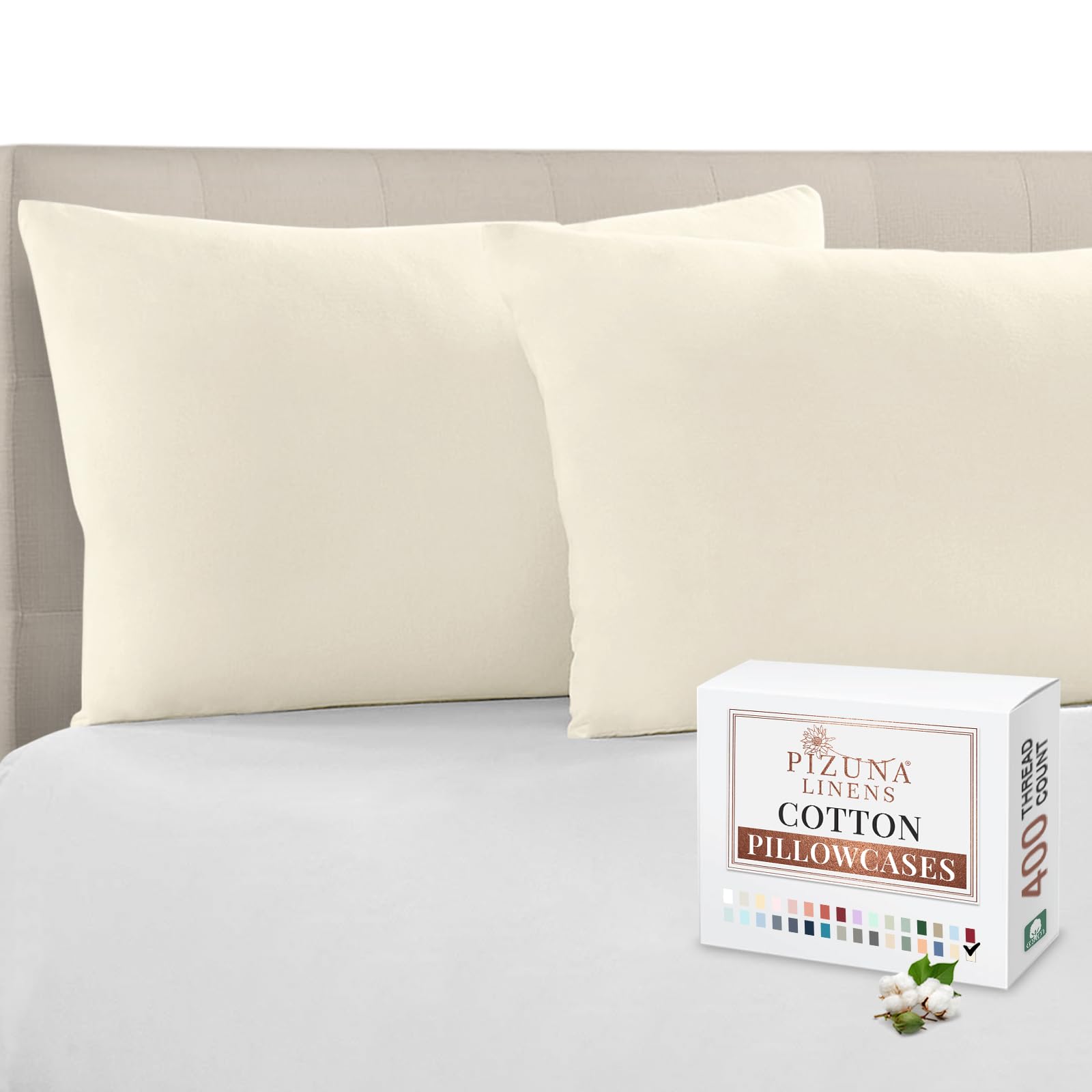 Pizuna 100% Cotton Housewife Pillowcases 2 Pack Ivory 48x74cm, 400 Thread Count Long Staple Combed Cotton Pillow Cover, Sateen Weave Standard Housewife Pillowcase (Cotton Pillowcase Pack of 2)