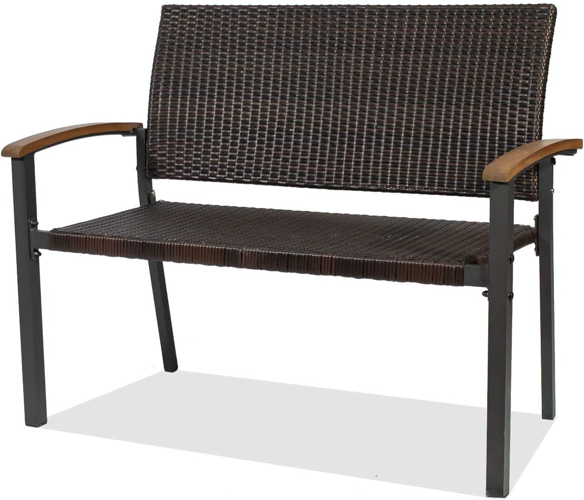 Amazon Com Outdoor Rattan Wicker Garden Bench Patio Furniture With Curved Backrest And Armrests Suitable For Pool Lawn Porch Backyard Kitchen Dining
